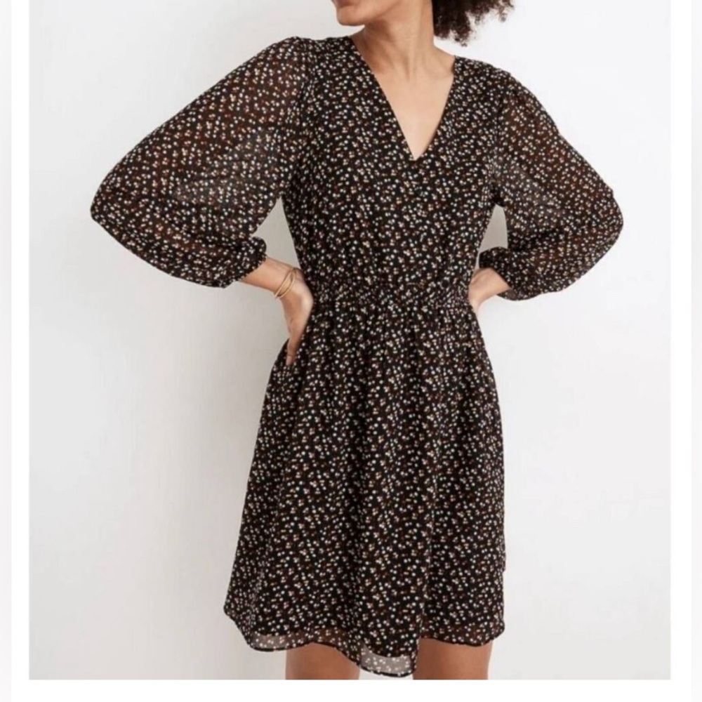 NWT Madewell ReSourced Floral Mini Dress Medium Puff Sleeve V Neck Black